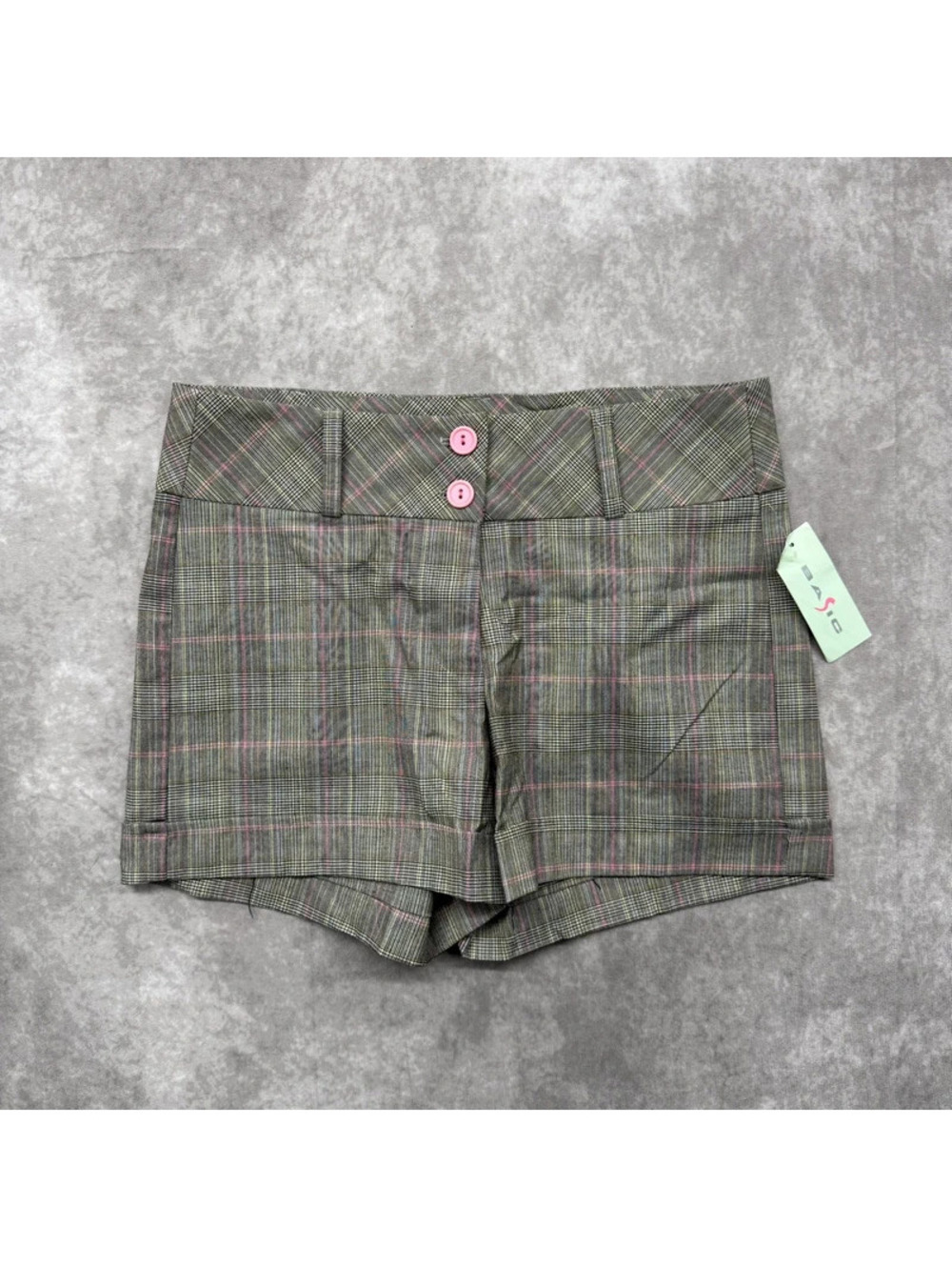 Vintage Y2K Icon Grey Pink Plaid Cuffed Low Rise Shorts Pink Buttons Medium NWT